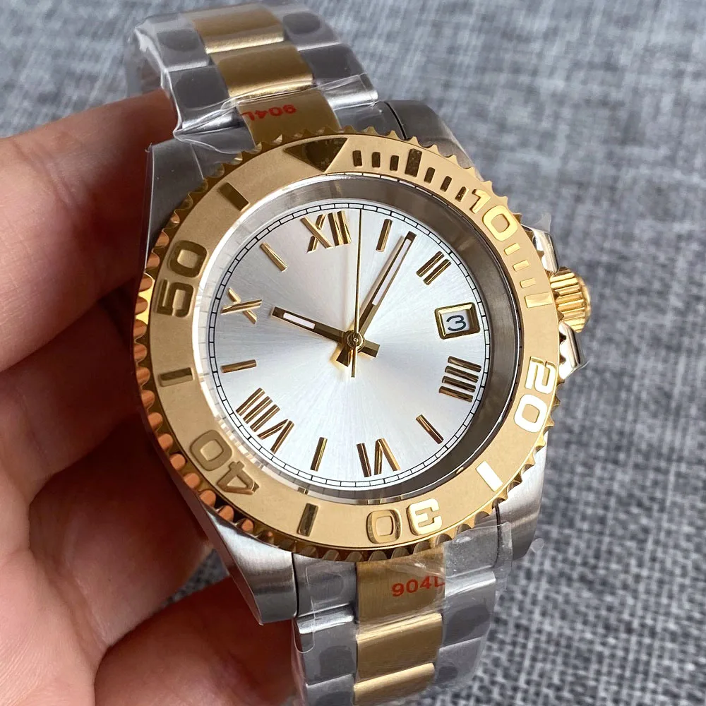 40mm Two Tone Gold NH35A Automatic Men Watch Gold Roman Numbers Sunburst Silver Dial Steel Bracelet Sapphire Glass Slide Buckle