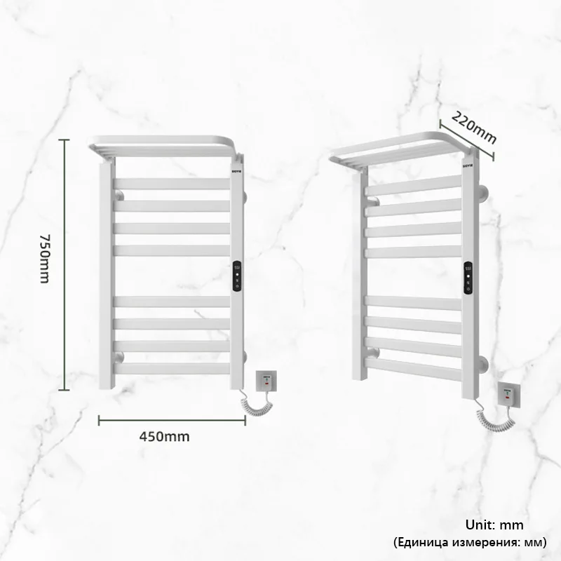 Черно-белая вешалка для полотенец с подогревом и верхней полкой. Электрический держатель для полотенец с цифровым дисплеем. Настенная сушилка для полотенец. 220 В, подогреватель для полотенец.