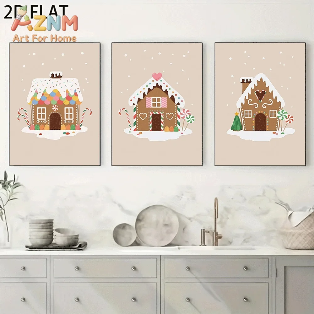 AZNM Neutral Beige Tone Christmas Gingerbread House Canvas Wall Art, Cute Candy Cane Xmas Cartoon Print Painting for Bedroom Liv