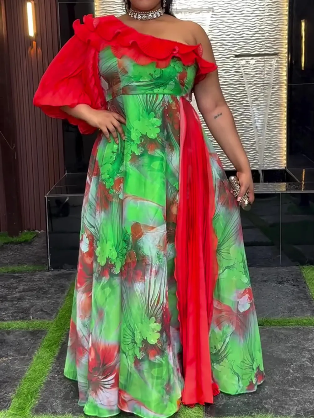 Elegant African Dresses for Women One Shoulder Print Chiffon Evening Party Long Dress Plus Size Turkey Muslim Maxi Robe 2026