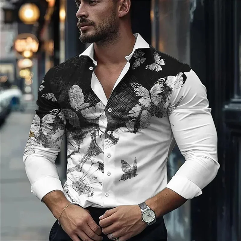 2024 Leisure Fashion Business Men\'s High -quality Butterfly Patterns Long -sleeved Shirts lapel comfortable and soft men 6xl