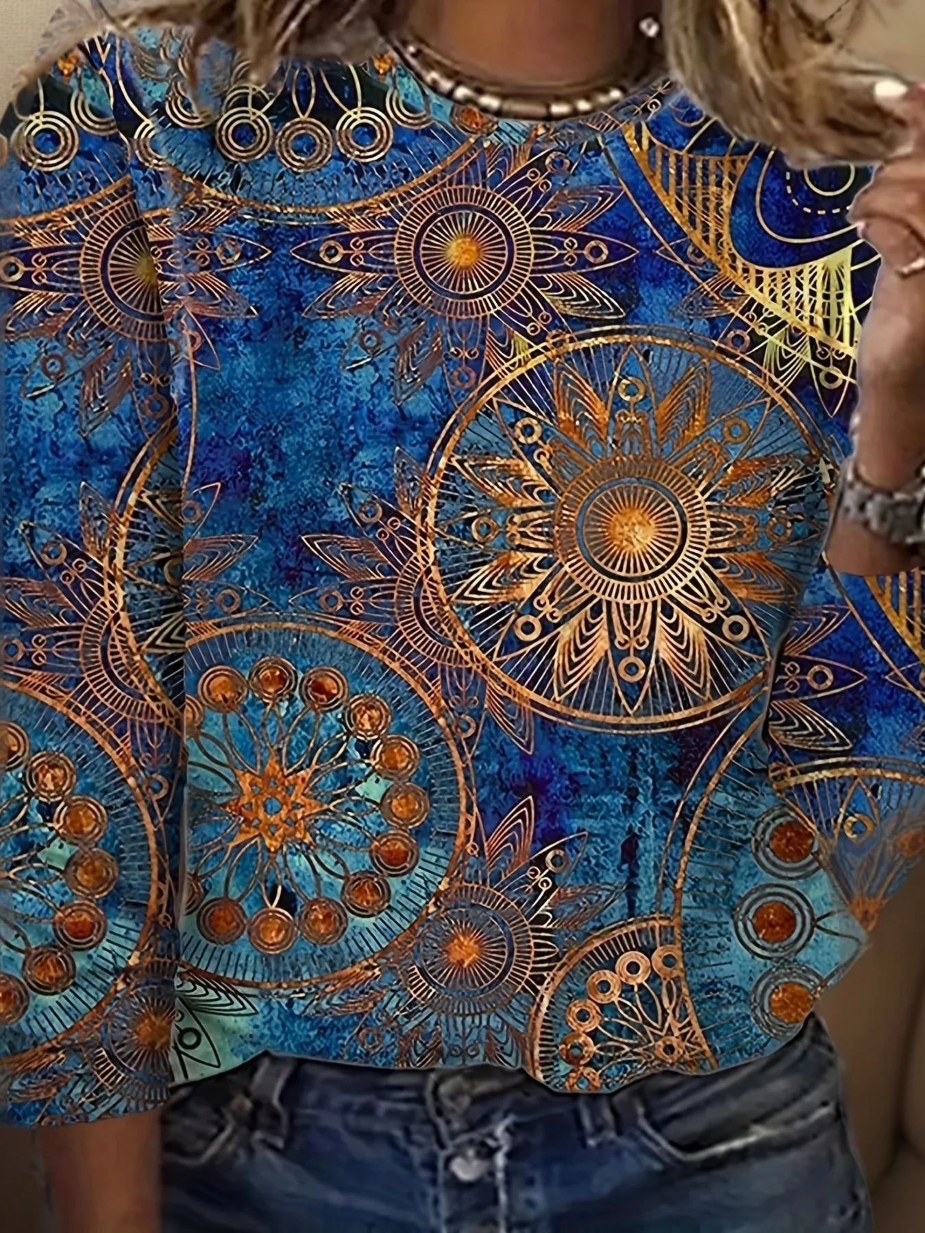 Women Bohemian Mandala Sun Pattern 3/4 Sleeve Top Crew Neck Casual Loose Daily Blouse Shirt