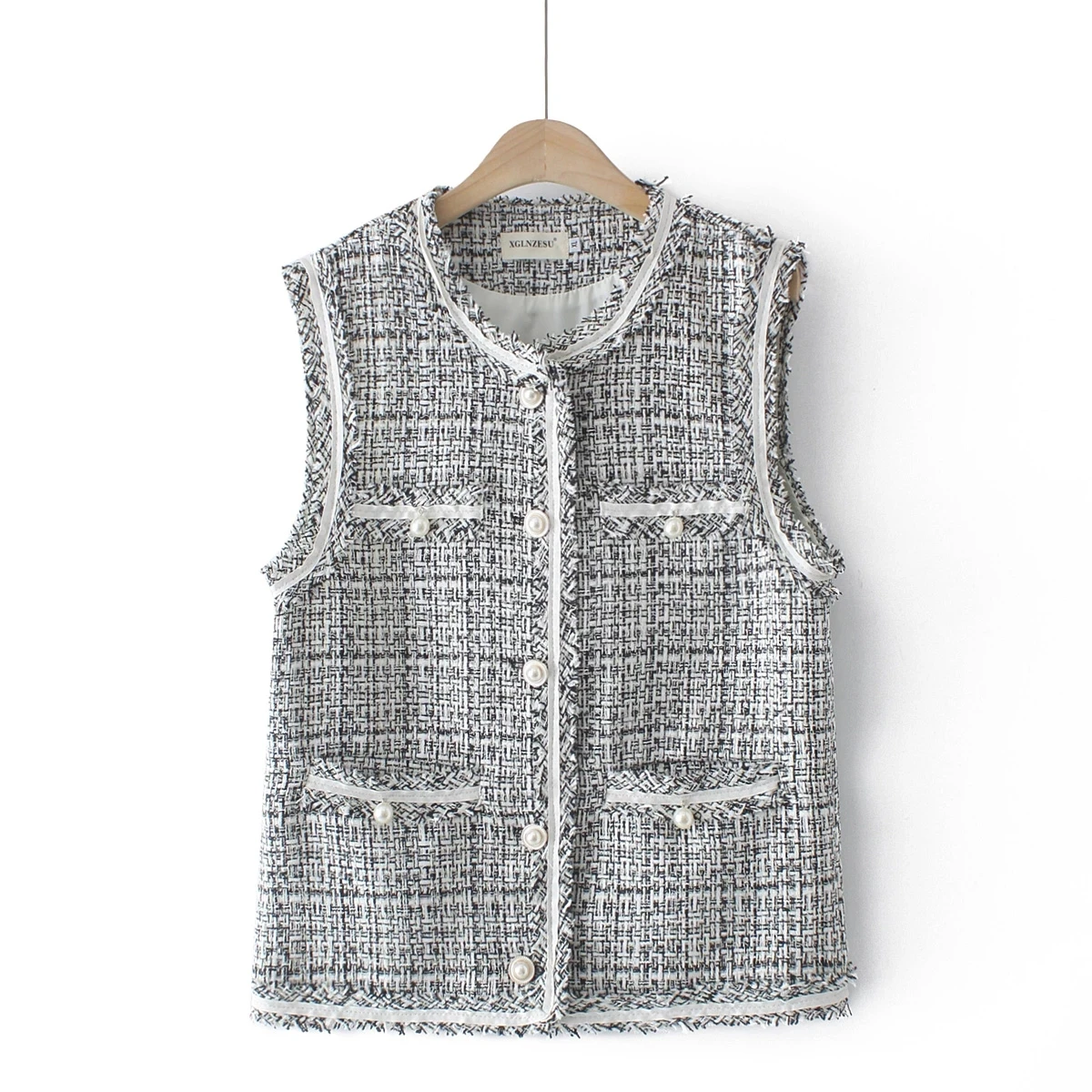 2025 ฤดูใบไม้ร่วงใหม่All-Matching Slim Fitสีทึบเสื้อกั๊กTweedเสื้อกั๊กเสื้อกั๊กผู้หญิงVคอเพิร์ลปุ่มฤดูใบไม้ผลิCardigan