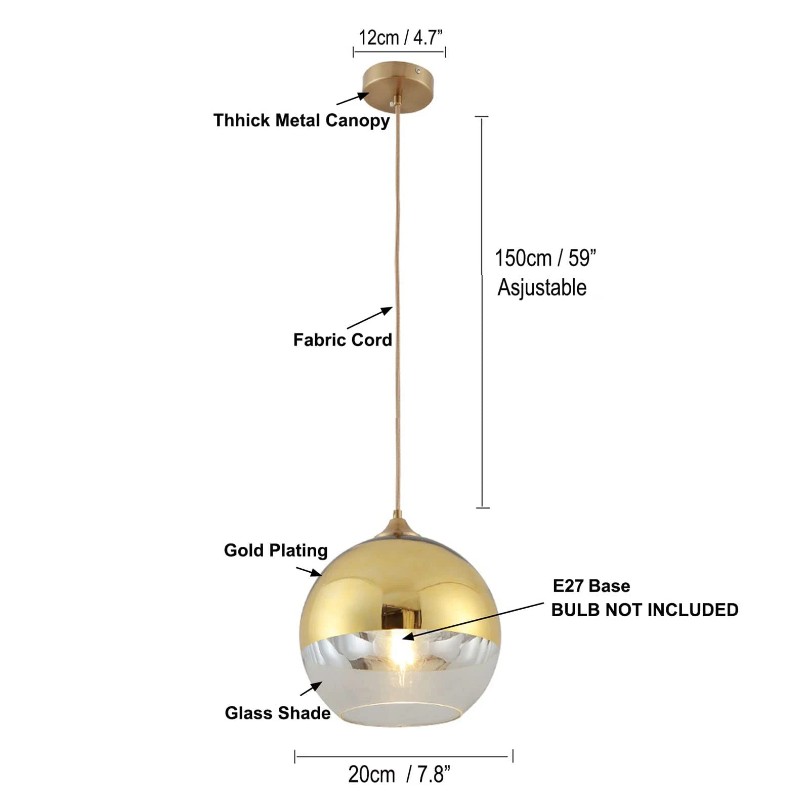 Imagem -06 - Globo de Vidro Pingente Luz Ouro Teto Luminária Cozinha Ilha Pendurado Lâmpada Mesa Jantar Iluminação Interior Pingente Decoração Ø20cm