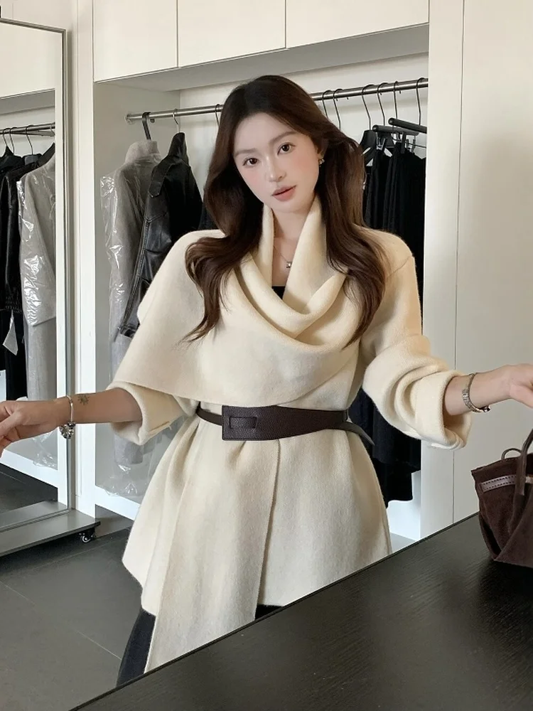 Korean Sle Lazy Knitted Cardigan Coat with Scarf Ne Aosphere Sense Belted ort Outerwear Commute Sle Polyester Fiber