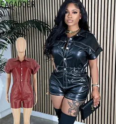 FAGADOER Punk Y2k Leather Rompers Women Lapel Buttons Pocket Bodycon One Piece Jumpsuits Hot Girl Streetwear Holidays Clothing