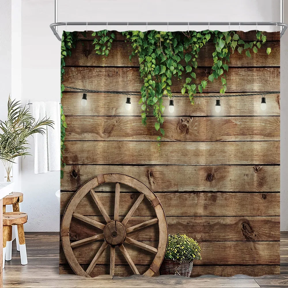 Rustic Barn Door Shower Curtains Rural Life Green Vines Wheel Wooden Plank Door Bath Decor Vintage Western Cowboy Bath Curtain