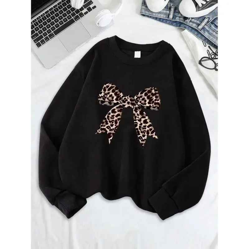 Suda con Estampado de Leopardo para Mujer, Cuello Redondo, Detalle de Lazo en la Capucha, Estilo Cleanfit, Ropa de Abrigo...