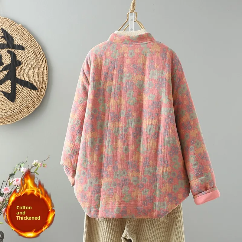 

New Chinese Sle Cotton Jaet with Button Stand Collar Small Floral Print Artistic Women's Winter Coat Thiened Long Sve