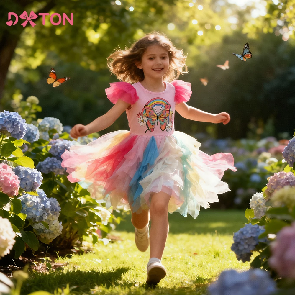 DXTON Summer Princess Girls Dresses Ruffles Sleeveless Luxury Children's Holiday Party Clothing Butterfly Kids Irregular Dress