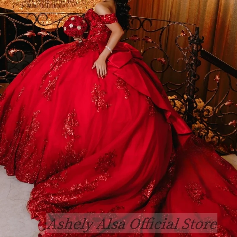 ที่กําหนดเองสีแดง Quinceanera Ball Gown ปิดไหล่ Shinny ผู้หญิงพรหมชุดวันเกิด Vestidos De 15 ปี 16 ปี