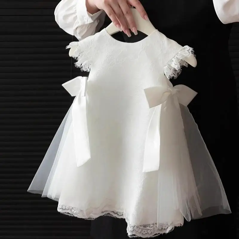 Baby Girl Princess Lace Dress Bow Infant White Baptism Vestido Toddler Girls Party Wedding Birthday Children Clothes