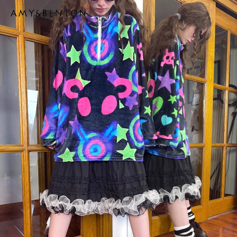 

Original Design Floral Y2K Hot Girl Subculture Women's Sweatshirt Autumn Winter New Loose Thin Fleece Long Sleeve Top Ladies