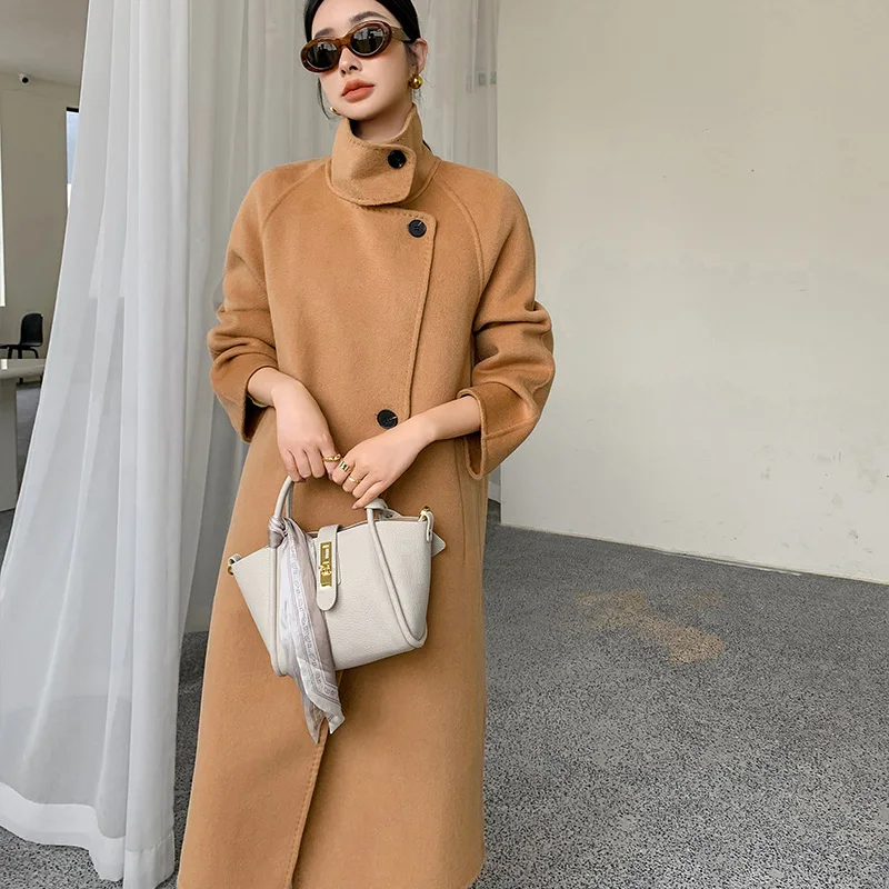 Women's long over knee stand collar 100% double sided Australian wool coat Autumn/Winter style loose woolen coat