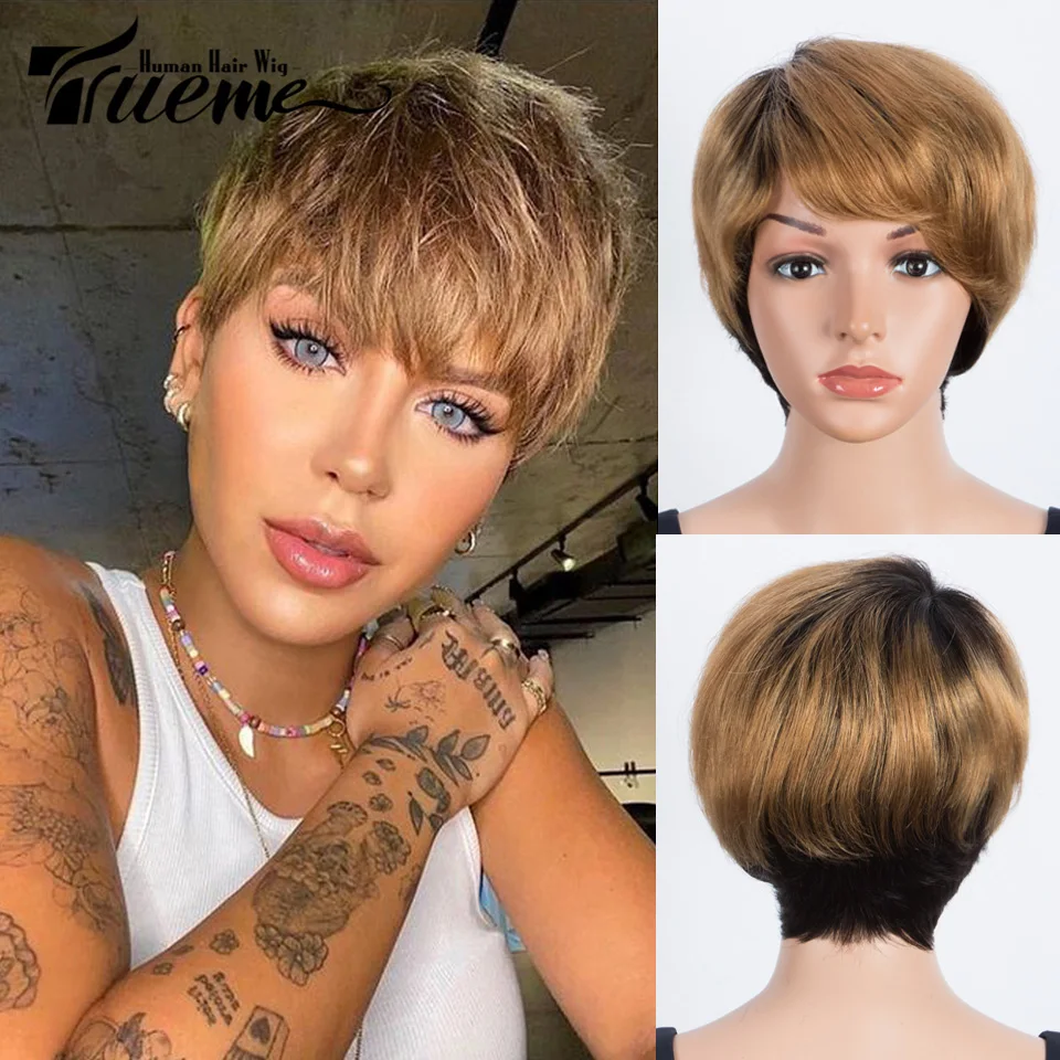 Trueme-Peluca de cabello humano liso y corto para mujer, pelo brasileño con corte Pixie, ombré, marrón, rojo, gris, barato