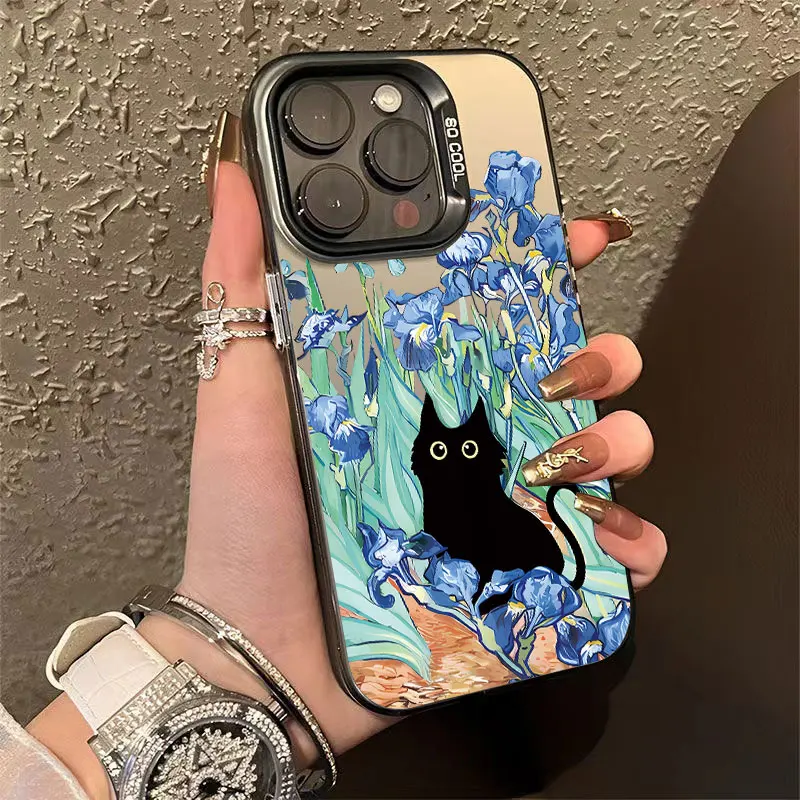 Retro Oil Painting Van-Gogh Flower Art Cat Plating Phone Case For iPhone16 15 11 13 12 14 Pro Max 7 8 16 Plus SE2 X XS XR Cover