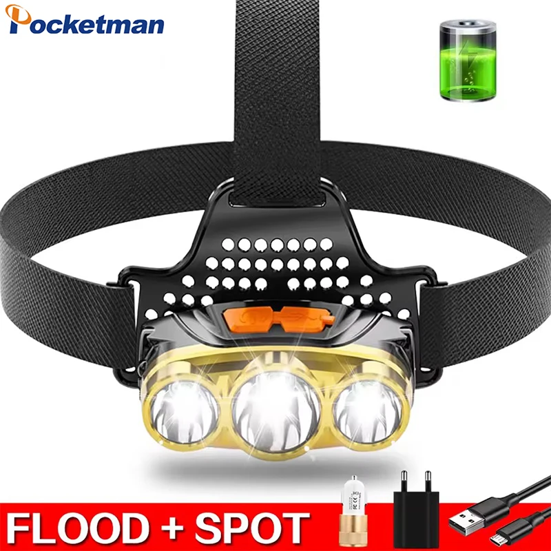 

Super Brightest 3led Headlamp USB Rechargeable Headlight Outdoor Camping Light Powerful Head Torch Built in Battery Lantern