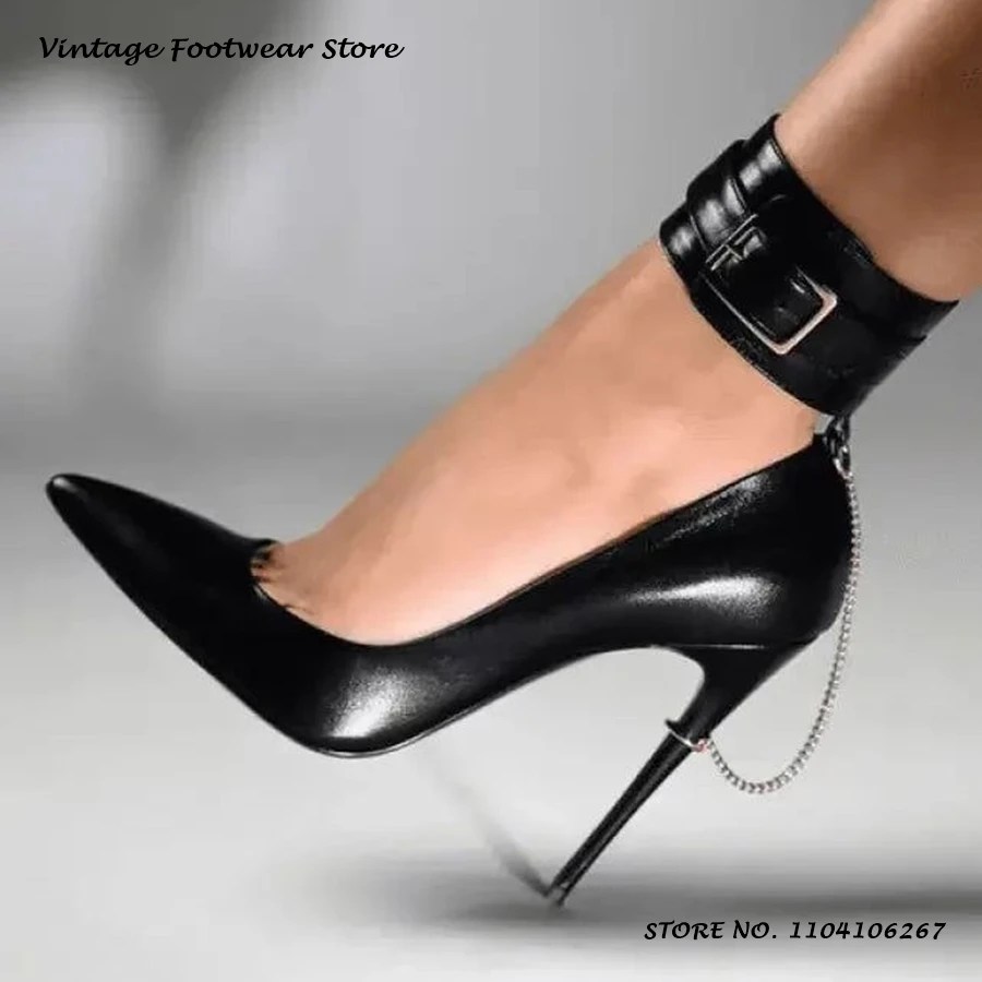 Patent Leather Stiletto Pumps with Chain Sexy Pointed Toe Thin Heels Party Dress Shoes Women's Buckle Strap Plus Size High Heels view 3