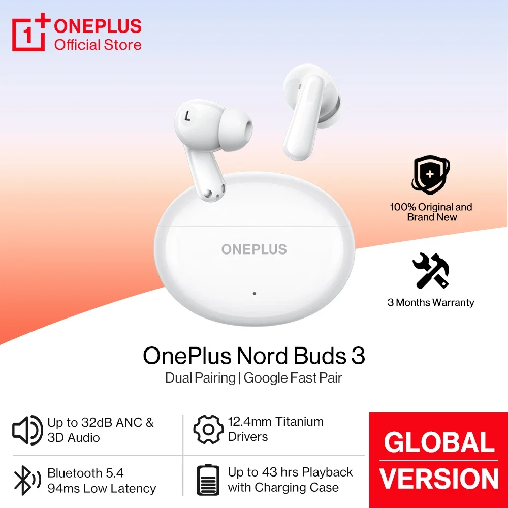 OnePlus Nord Buds 3 TWS Earphone Bluetooth 5.4 32dB Active Noise Canceling ANC 43h Battery Life BassWave 2.0 Google Fast Pair