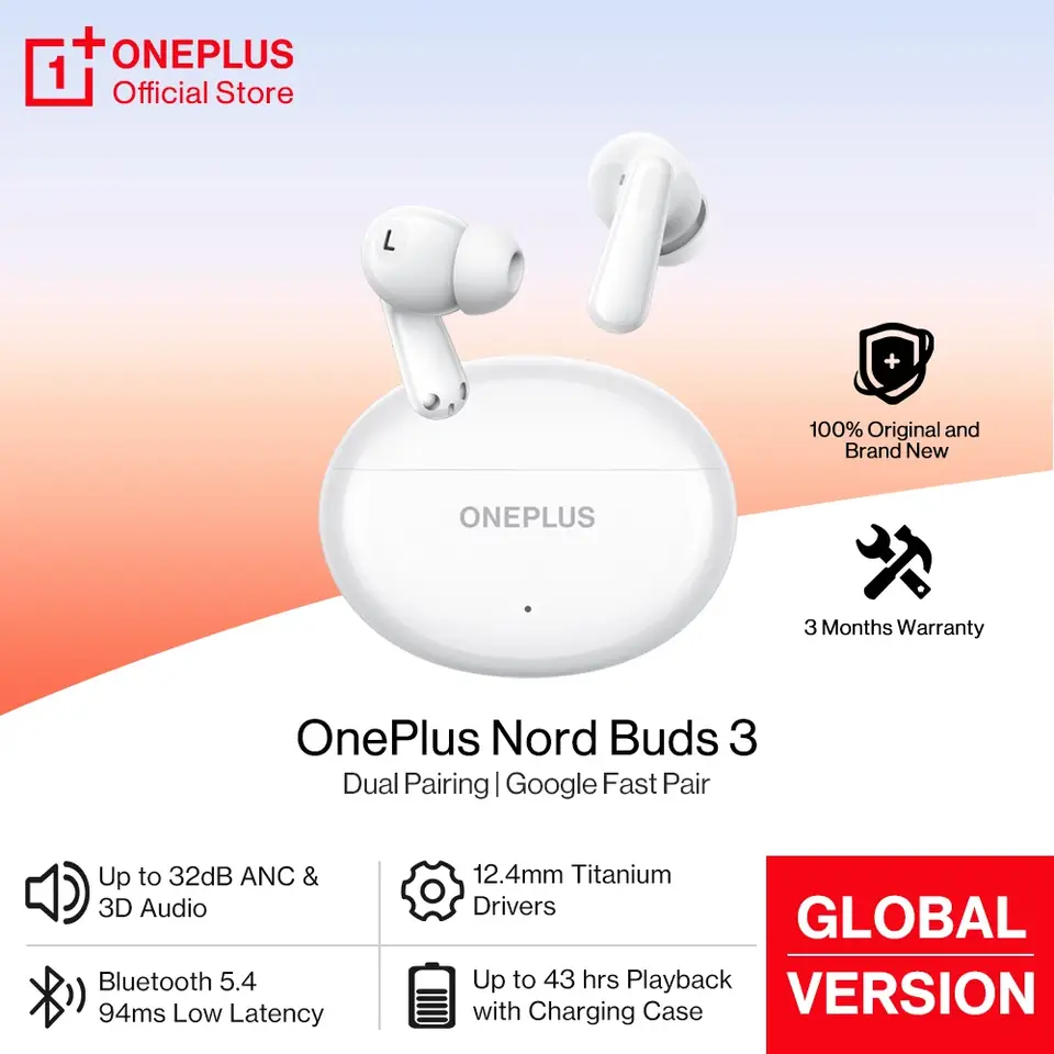 سماعات ون بلس نورد بودز 3 بلوتوث 5.4 إلغاء ضوضاء نشط 32dB بطارية 43 ساعة باس ويف 2.0 اقتران سريع من جوجل