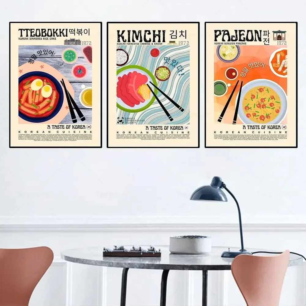 Cuadros artísticos de pared Vintage, pintura en lienzo, Gimbap Kimchi Bibimbap Teobokki, póster Retro coreano, cocina de comida, decoración de cocina moderna