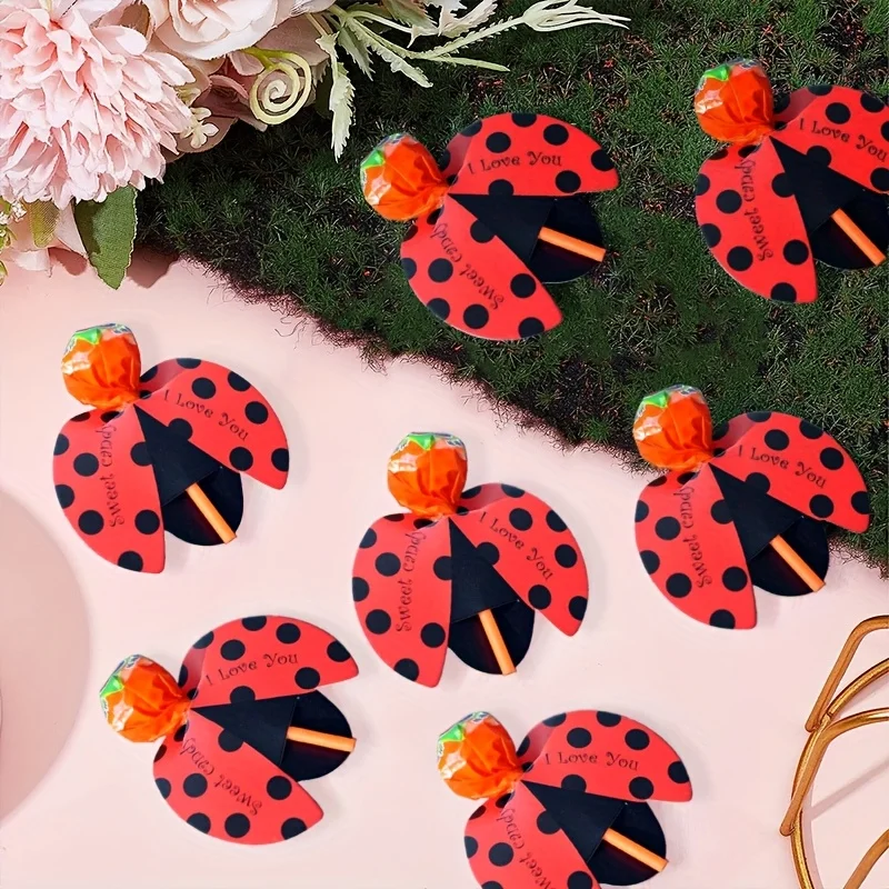 50 Stück Marienkäfer-förmige Lollipop-Karten Festliche Party-Papier-Lollipop-Karten Festival-Geschenkkarte Hochzeitsgeschenke für Gäste – Detail 1