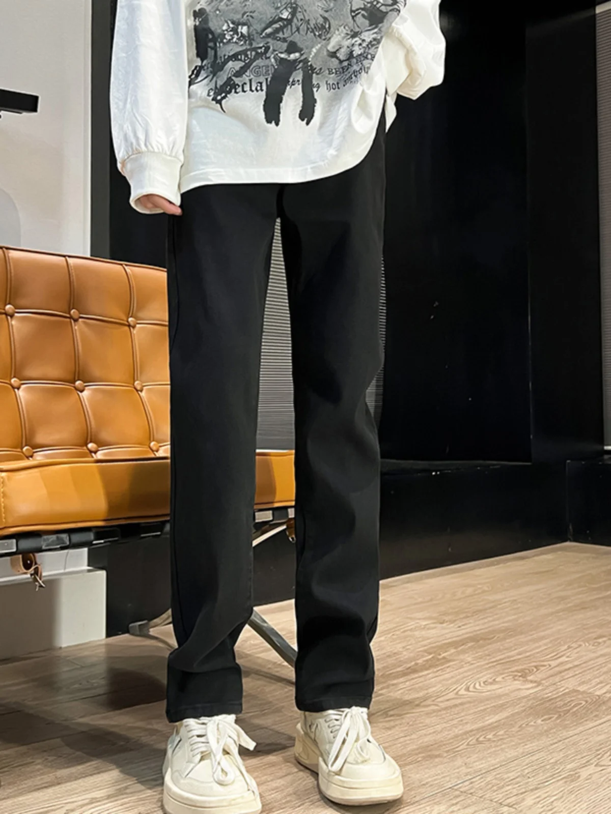 

American Vibe Sle Straight Leg Stretchy Slim Fit Jeans High Street Pure Bla Men's Extended Length Faionable Long Pants