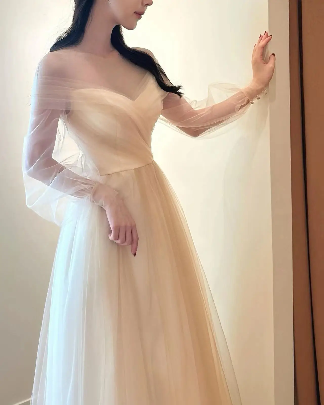 

OLOEY Fairy Tulle Korea Wedding Dress Photoshoot V-Neck Off The Shoulder Floor-Length Draped Evening Gown Dress Customized