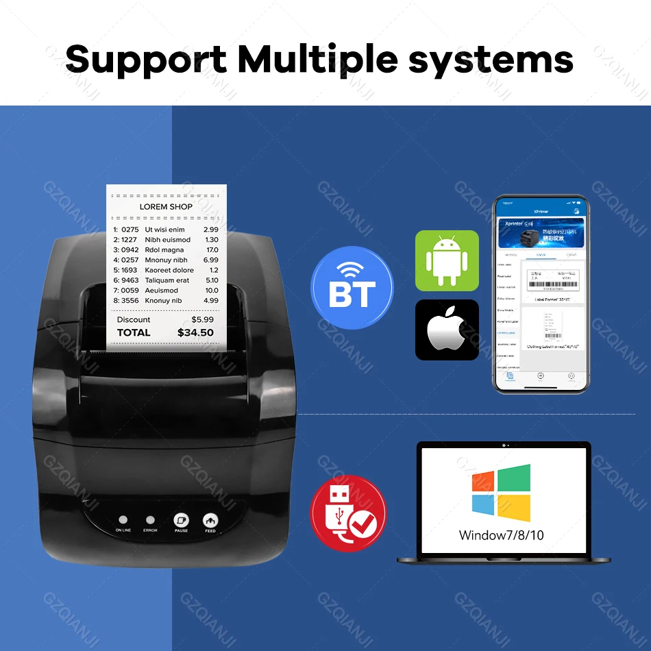 Xprinter-Impresora térmica de etiquetas de XP-365B, máquina de impresión de códigos de barras de 20-80mm, 58mm, 80mm, para Windows/Linux, Bluetooth, USB