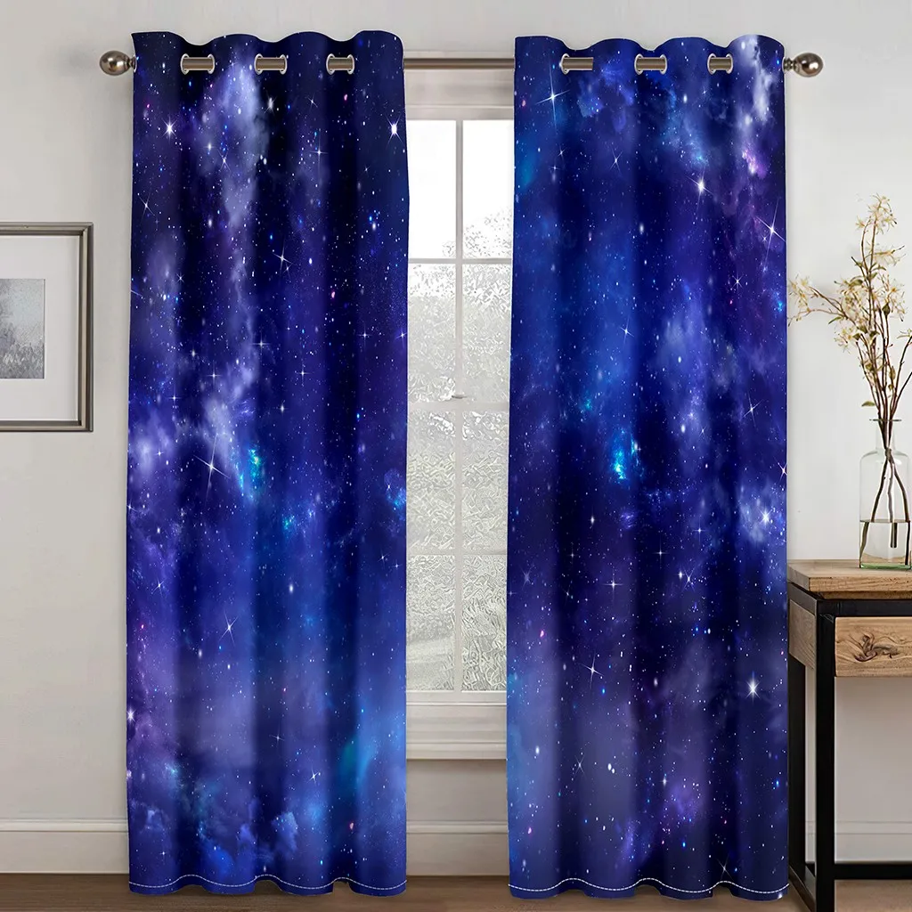 3D Cheap Blue Stars Galaxy Space Psychedelic Starry Sky 2 Pieces Shading Window Curtains for Living Room Bedroom Home Decor Hook