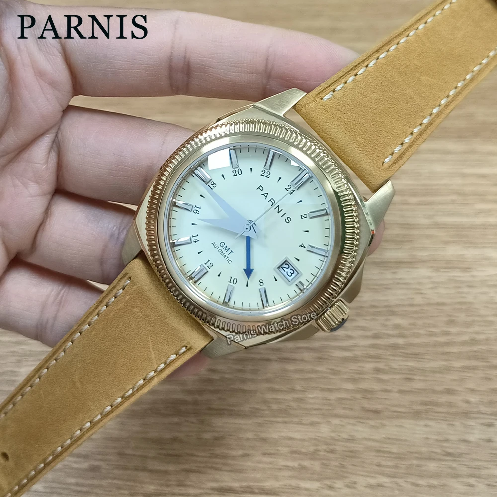 Parnis 41mm Sapphire Crystal Beige Dial Gold Case NH35 NH34 Automatic Mechanical Men Watch Waterproof Wristwatch