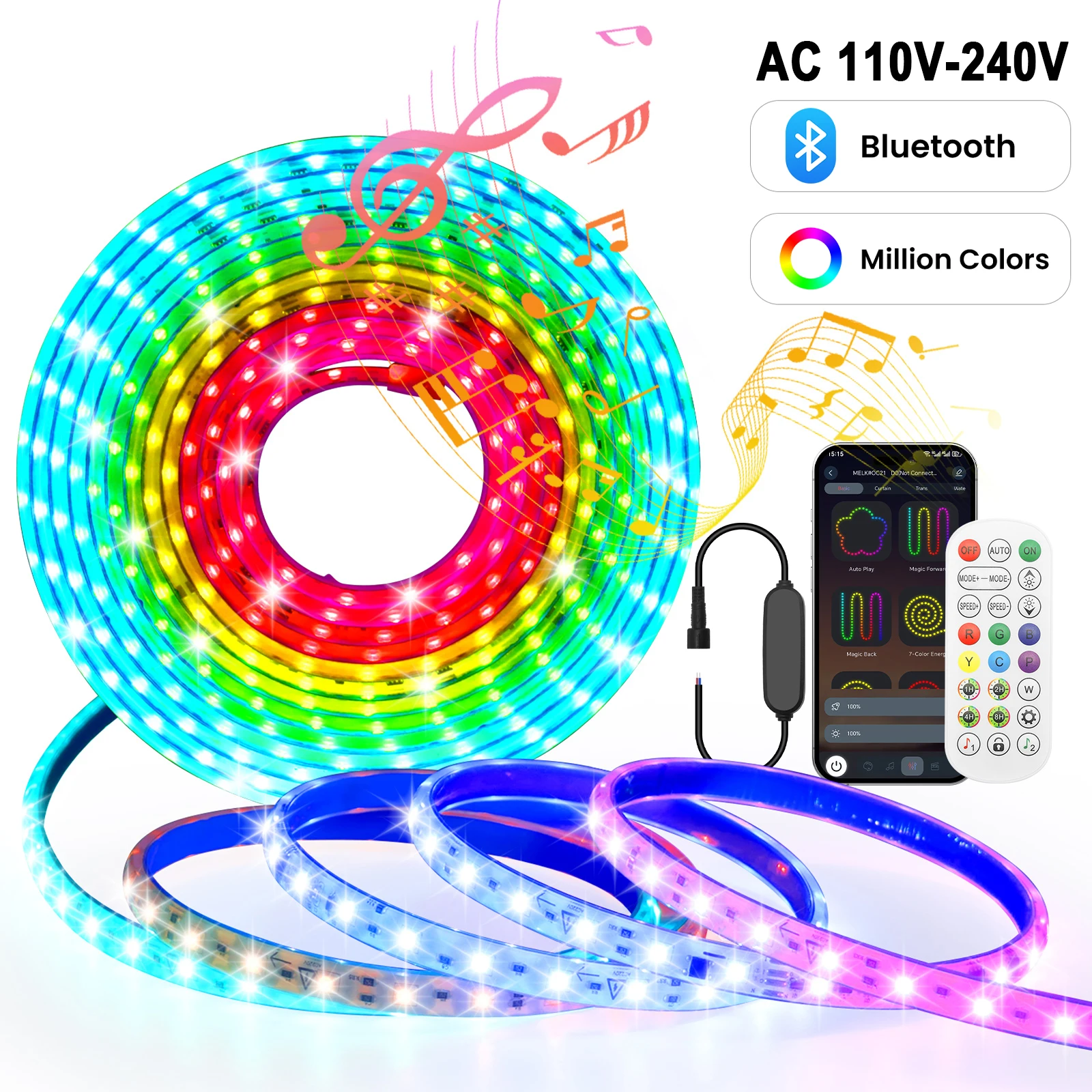 

WS2811 220V 110V RGBIC LED Strip Light Tape Bluetooth APP Music Sync 24Key Remote 3535 60LED/M Dreamcolor Gaming Room Decoration