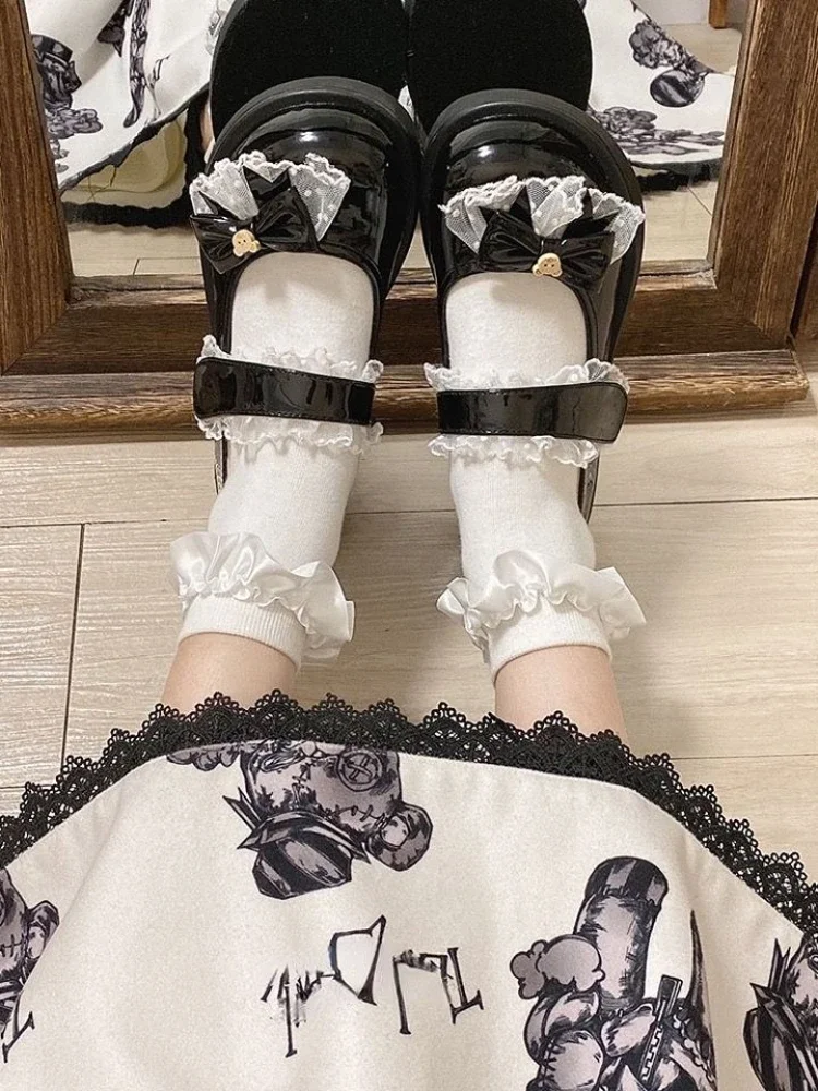 Japanese Lolita Mary Janes Shoes Women Lace Kawaii Sweet Bow Pumps Shoes Female Cute Bear Round Toe Designer Shoes 2024 Summer