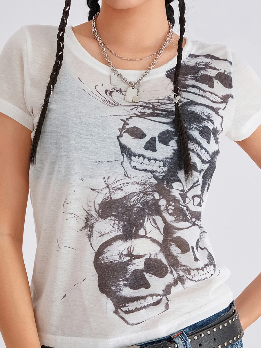 Women Vintage Skull Print T-Shirts Summer Casual Short Sleeve Crop Tops Blouses Grunge Aesthetic Clothes 00s Streetwear