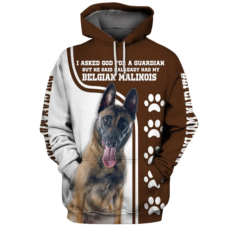 Belgian Malinois Animals Hoodies 3D Graphic Silver Ribbon Hoodies Animals Dog Belgian Malinois Sweatshirts Casual Sportswear Top