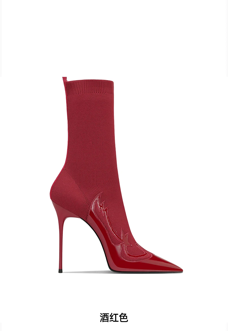 2025 Spring New Black Splicing Knitted Stretch Socks Boots Pointed Stiletto High Heels Women