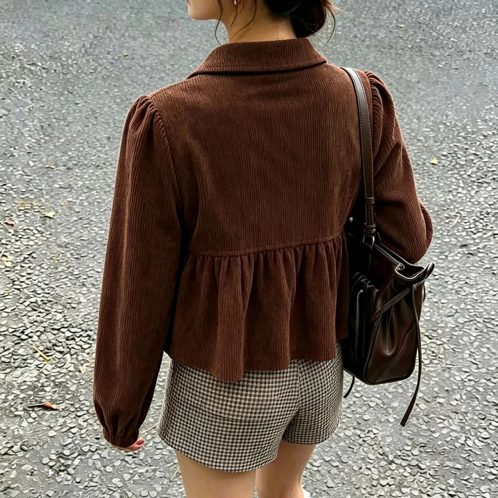 Women Corduroy Peter Pan Collar Blouse Single Breasted Puff Sleeve Peplum Shirt Retro Fall Winter Casual Tops