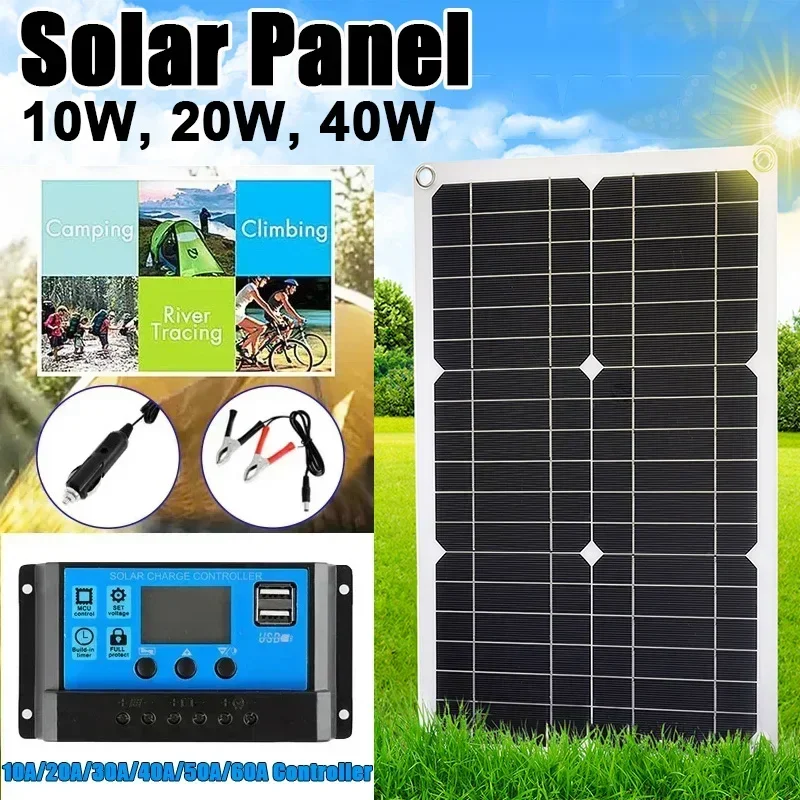 

10W,20W,40W Solar Panel New Solar Power Kit With 10/20/30/40/50/60A Controller Solar Cells For Car Moblie Phone Battery Charger