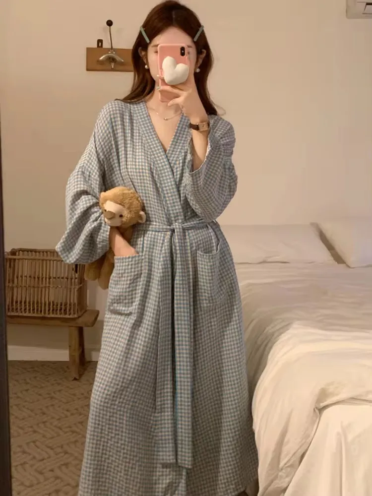 Home Soft Summer Stripe Long Sleeve Plaid Sleepwear Women Elegant Casual Long nightgown Korean Style Simple Sweet Sleep Tops Ins