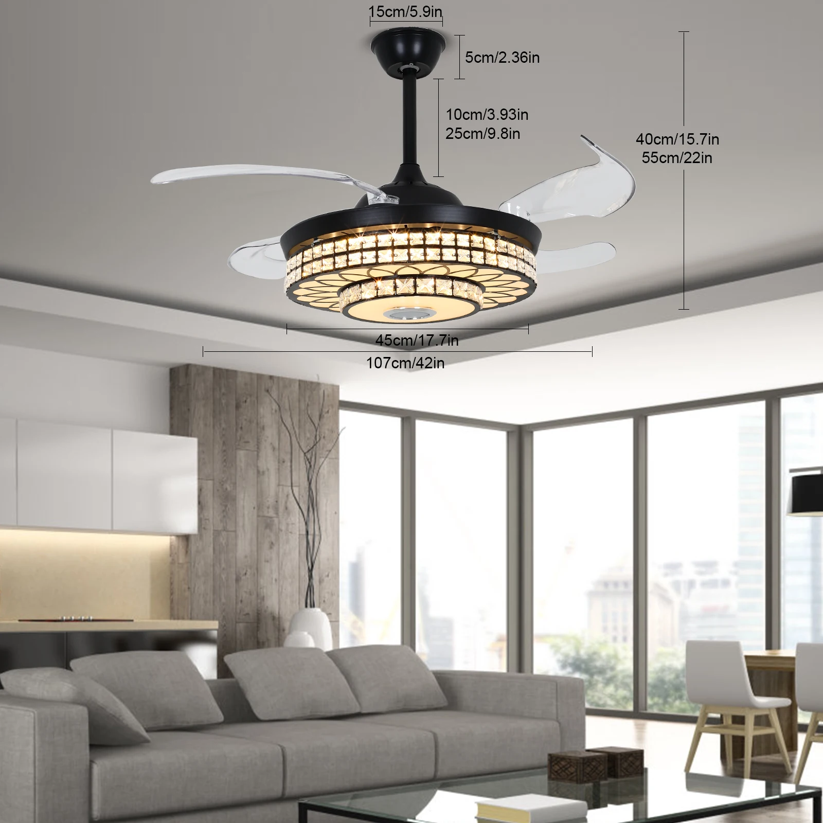 42 Inch Indoor Dimmable Ceiling Fan Light LED Chandelier 2200LM W/ Bluetooth Speaker & Remote Control Few Noise