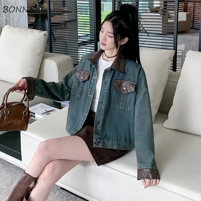 

Jackets Women PU Patchwork Denim Retro Loose Fit All-match Cropped Trendy Ins Korean Fashion Autumn Coats Students Streetwear