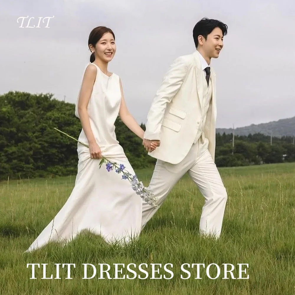 

TLIT Simple White Wedding Dresses O-Neck Backless Prom Gowns Korea Bridal Dress Photos Shoot Customized Floor-Length Gowns