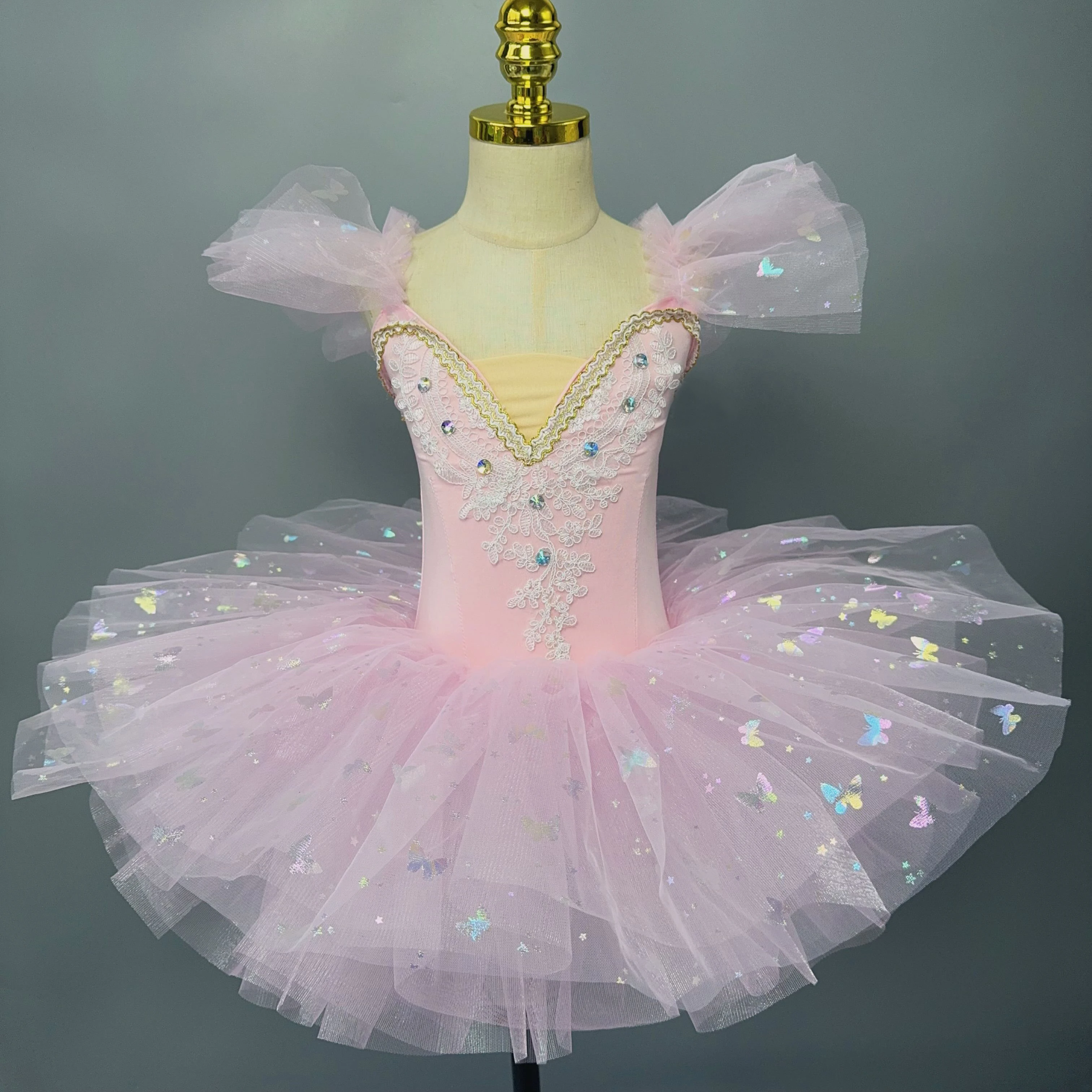 Robe de Ballet avec Jupe Tutu à Paillettes et Imprimé Papillon pour Enfant, Costume de brev, Vêtements de Spectacle sur Scène, Justaucorps pour Fille