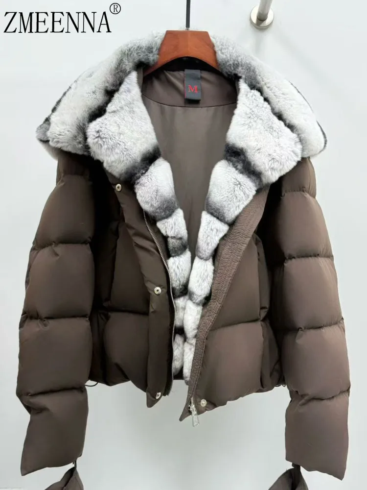 

ZMEENNA женский короткий пуховик с натуральным меховым воротником, зимнее пальто, теплая верхняя одежда, коричневый модный шик ZM4319