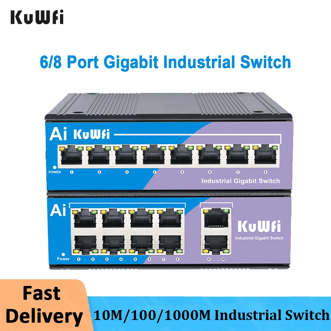 KuWFi Gigabit Industrial Switch 6/8 Ports 1000mbps Ethernet Switch High Performance with Fast RJ45 Port Hub Internet Injector