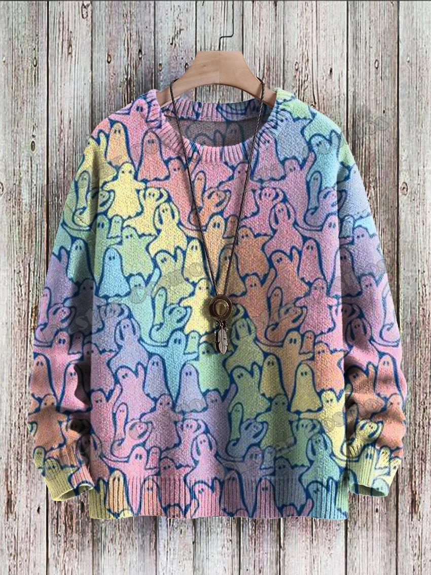 

Halloween Rainbow Ghosts Retro Art Pattern 3D Printed Men's Knitted Pullover Winter Unisex Casual Knit Pullover Sweater ZZM138