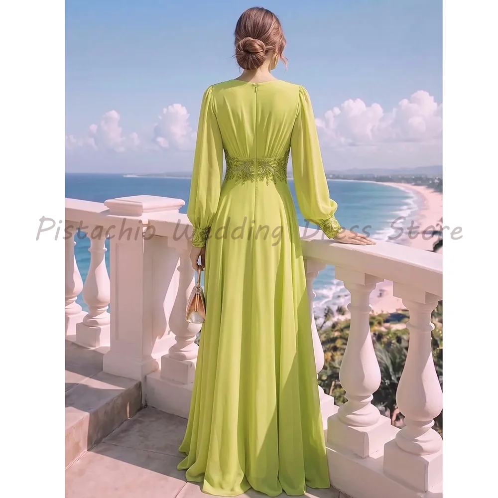 Green Deep V Neck Chiffon Evening Dress Puff Long Sleeves Embroidery Waist A‑Line Floor‑Length Formal Prom Wedding Guest Gown