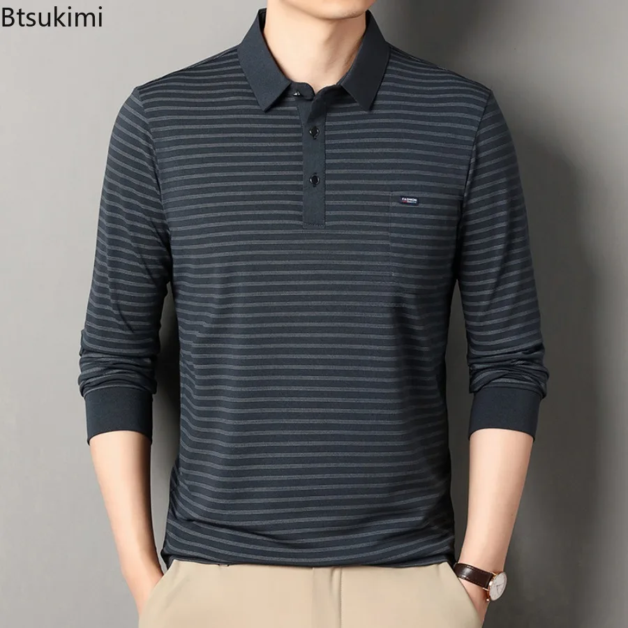 

2025 New Men's Business Casual Long Sleeve Polo Shirts Spring Autumn Fashion Stripe Shirts Breathable Comfortable Versatile Tops