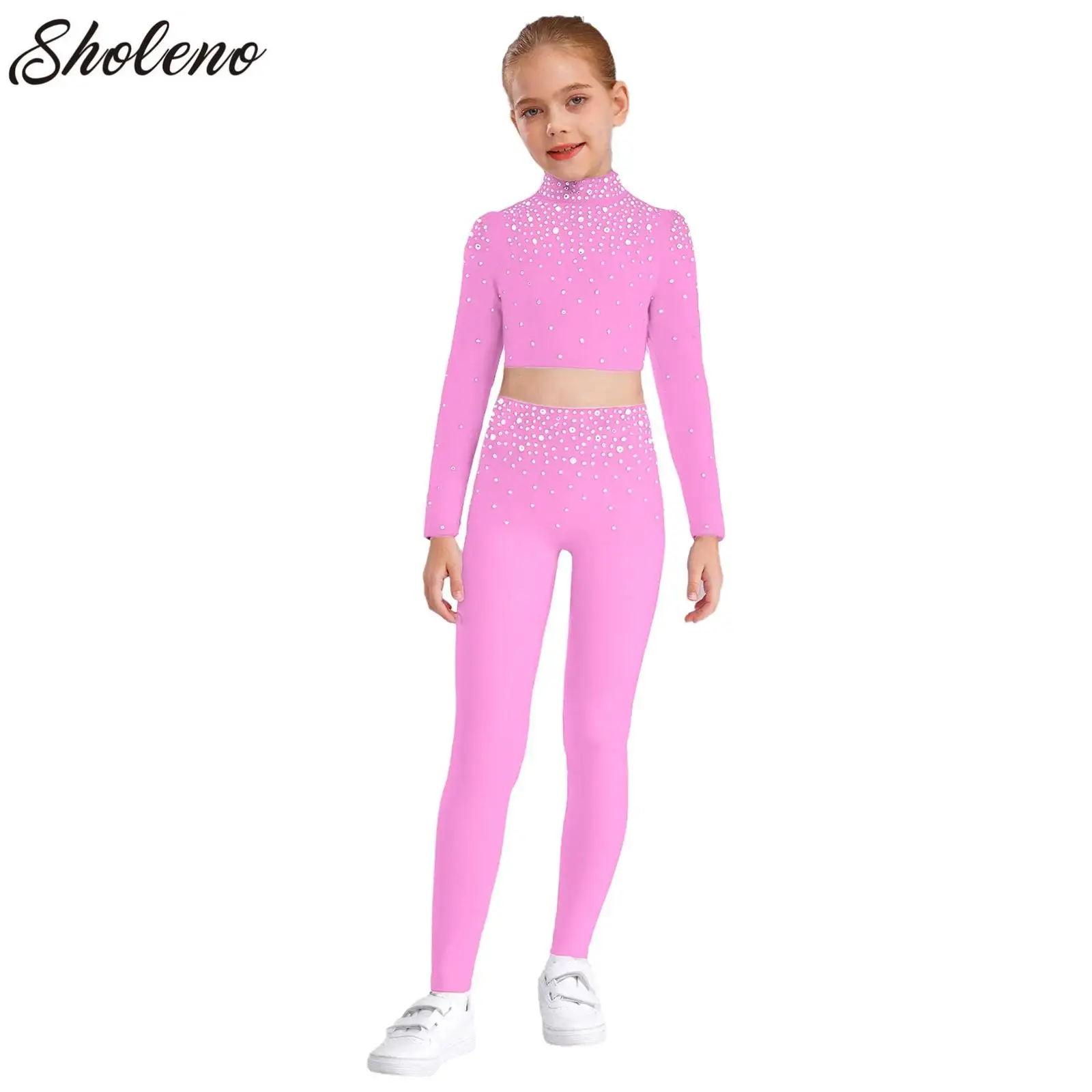 

Kids Girls Sports Outfits Long Sleeve Metallic Crop Top+Pants Athletic Leggings Sets Gymnastics Figure Skating Ballet Clothes