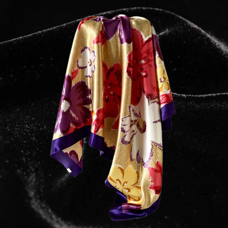 Luxury Satin Square Scarf Women's Abstract Floral Watercolor Print Turban Headscarf Contrast Border Neck Wrap 4 Colors Available